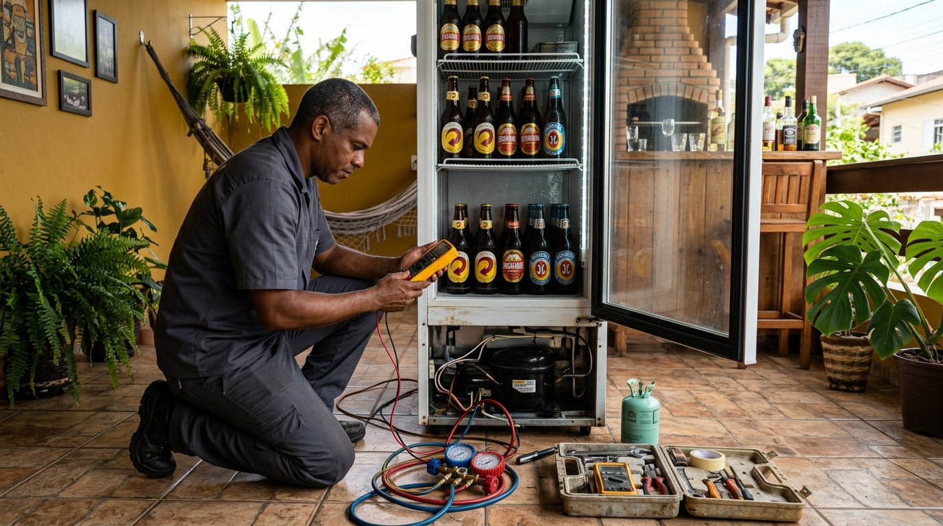Placa eletrônica de cervejeira em reparo na bancada em Recife‑PE