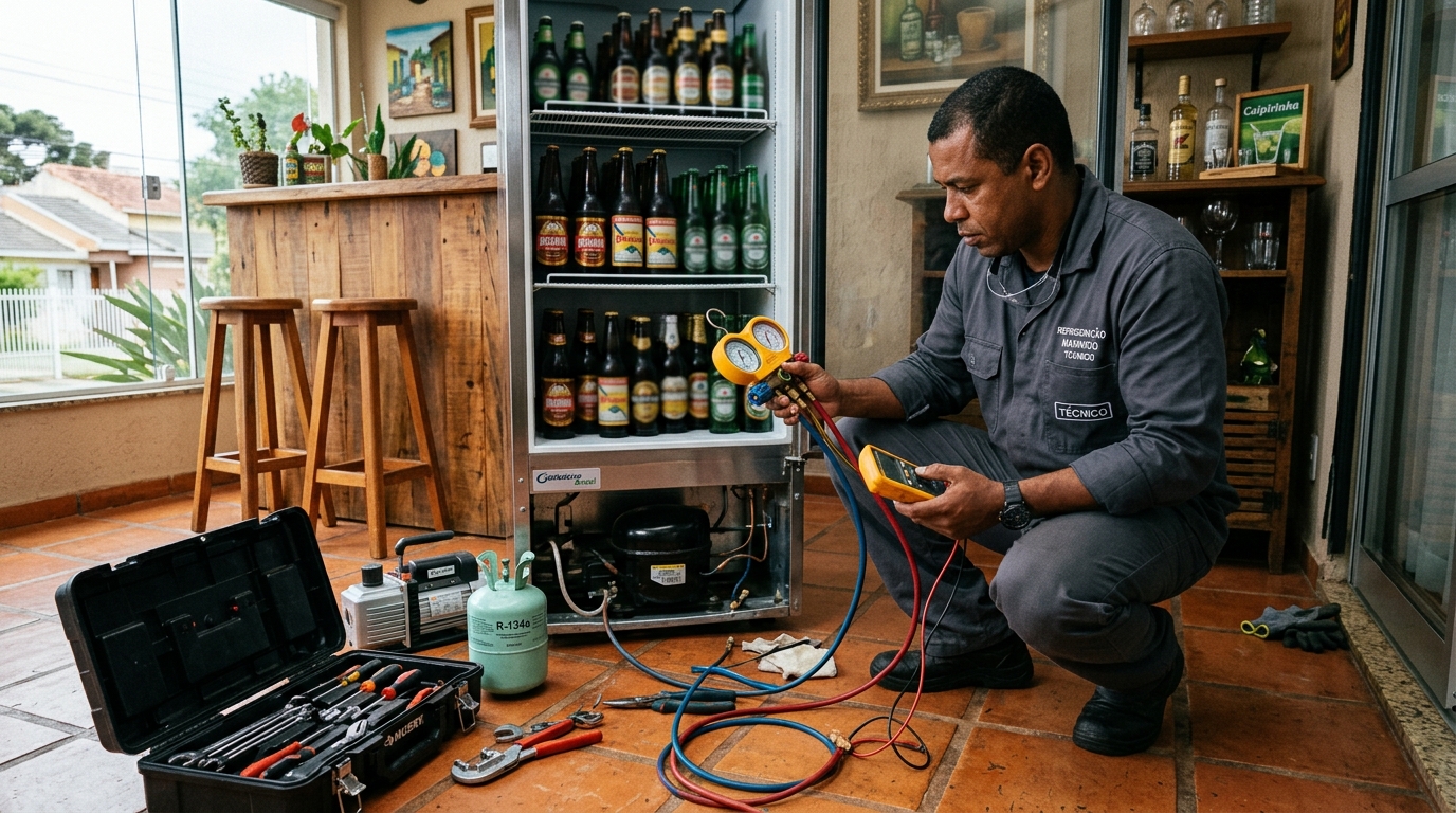 Técnico revisando o motor de uma cervejeira durante chamado em Recife‑PE