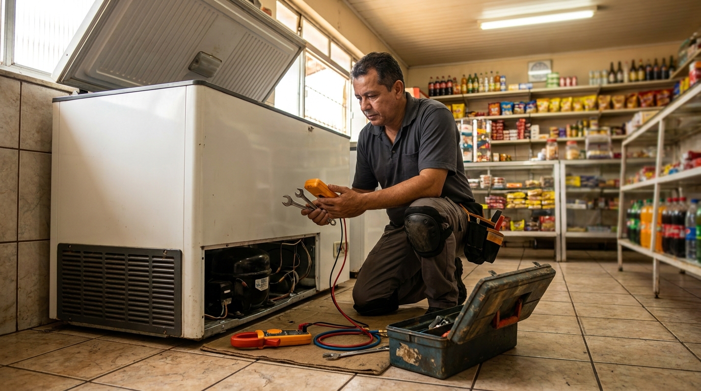 Técnico reparando o motor de um freezer horizontal em Recife‑PE