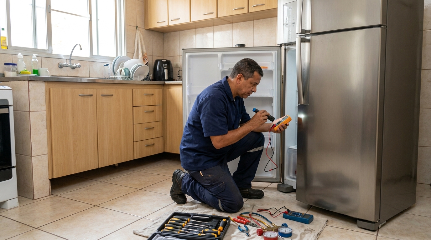 Técnico fazendo recarga de gás em geladeira de cliente em Iputinga, Recife‑PE