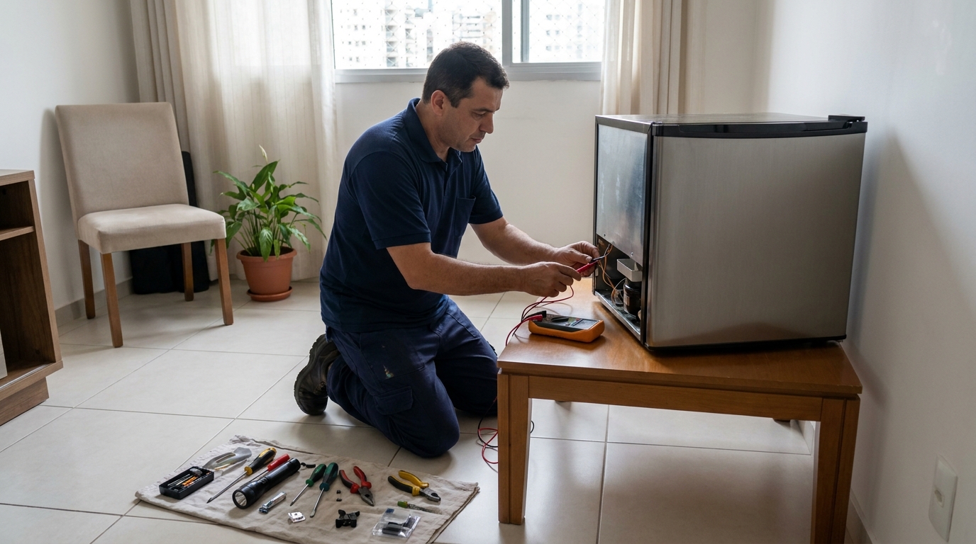 Técnico avaliando um frigobar compacto durante atendimento em Recife‑PE